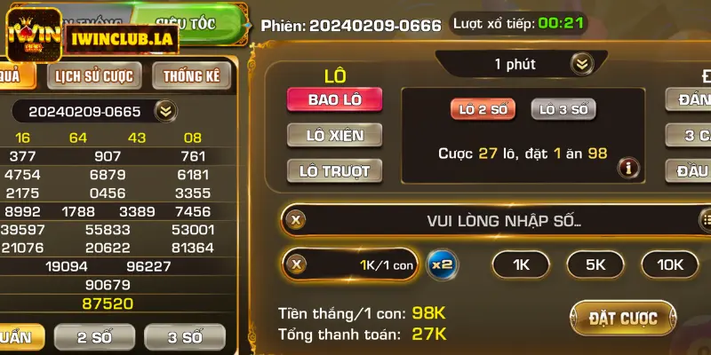 Lô đề online IWIN CLUB - Vốn Chơi 1 Ăn Tiền 99/999/9999 2 Lô Đề online IWIN CLUB